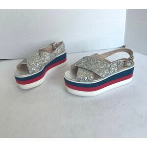 Auth Gucci Cross Sparkly Straps Red White Blue Platform Slingback Sandals Sz 4.5